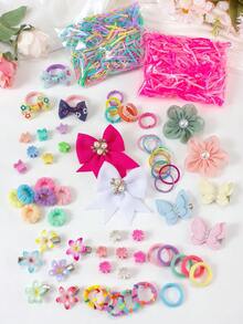 871pcs Spring Candy Color Sweet Children Hair Accessories Set, Includes Rhinestone Pearl Butterfly Flower Hair Clips, Textured Bow Hair Clips, Gradient Daisy Hair Clips, Mesh Bow Side Clips, Mini Claw Clips, High Elastic Ruffle Hair Ties, Colorful Towel Rings And TPU Headbands, Suitable For Children's Daily Wear And Party - Multicolor - View 8