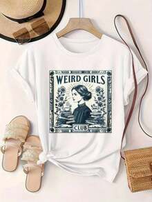 Women's Vintage Style Short Sleeve Casual T-Shirt - Weird Girls Club, Vintage Book And Flower Print, Crew Neck, Summer Top, Machine Washable, Women's T-Shirts, Casual Wear, Modern Style, Comfortable Fit

-WhiteFashion - 白色 - 查看 2
