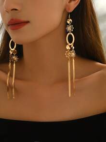 1 Pair Elegant Women's Dangle Earrings, Fashion Personalized Vintage Bohemian Metal Geometric Round Hollow Oval Flower Snake Chain Tassel Long Earrings, Suitable For Daily, Casual, Holiday, Celebration, Versatile Accessory - Golden - View 2