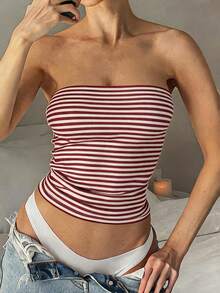 Áo tank top không dây, màu trơn, co giãn ôm sát dành cho nữ của Vaiaye, áo camisole cơ bản không dây thời trang cho mùa xuân và mùa hè. - Sọc đỏ và trắng - Xem 11