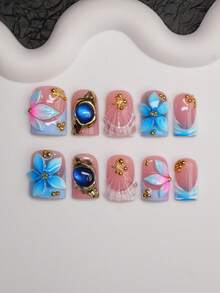 10pcs Square Shaped Handmade Nail Tips, Y2K Baddie Style, Nude & Blue Color Nails With French Edge, Carved Patterns, Steel Beads, Asymmetric Liquid Metal, Cat Eye, Starfish Elements, Handcrafted Nails Suitable For Women And Girls, Shiny Nail Pieces In 3 Sizes, Applicable For Party, Dance, Daily Wear, Includes Tool Kit, Can Be Gift For Ladies And Girls Handmade Press On Nails - Multicolor - View 2