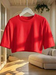 Blusa de mujer de cuello redondo, manga corta, holgada y casual, adecuada para primavera y verano, con estilo minimalista, elegante y sexy Y2K, versátil para el trabajo, el hogar y salir - Rojo - Ver 10