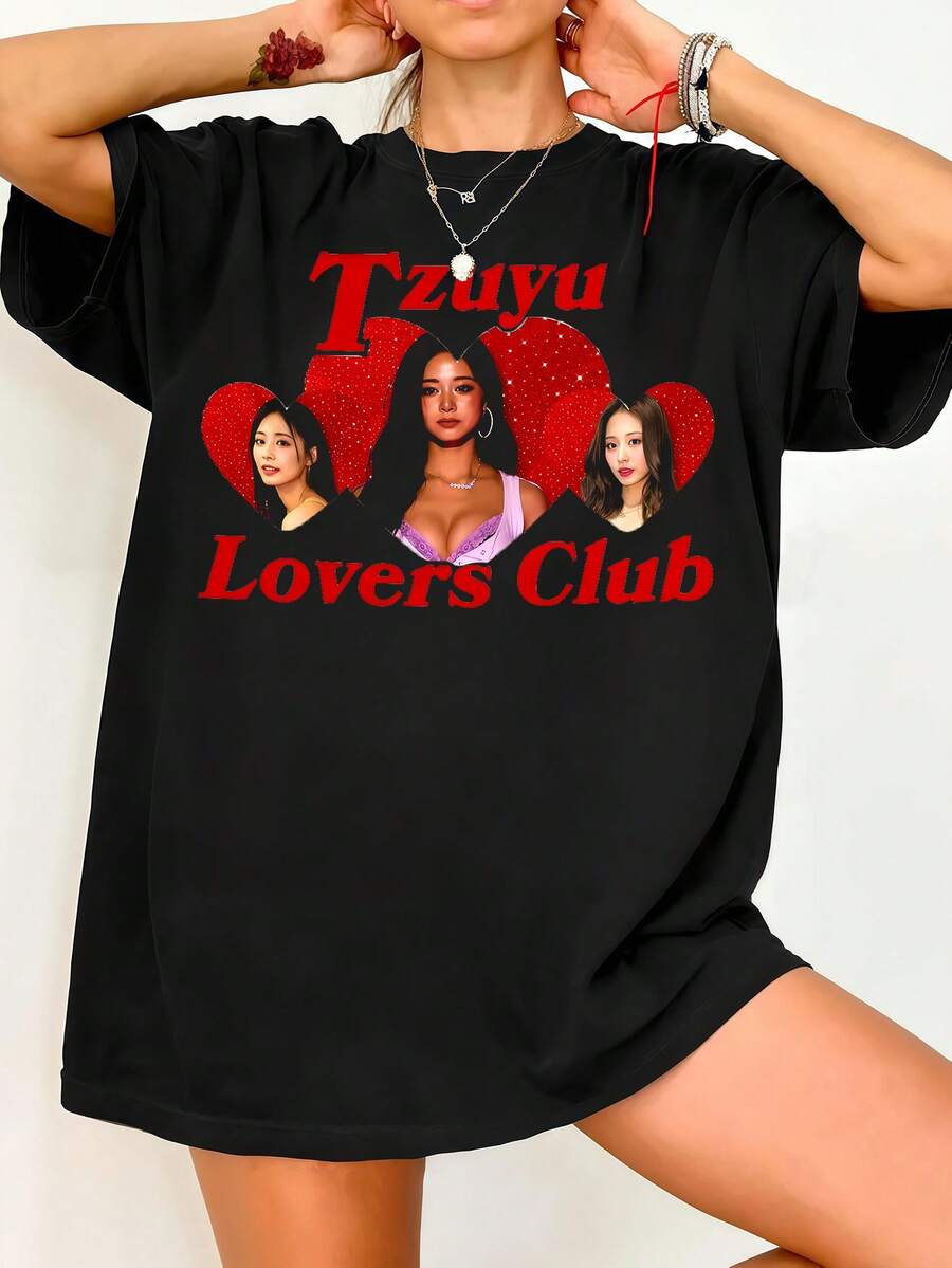 Twic.E Tzuyu Retro 90s Vintage Graphic Shirt Once K-Pop Concert Tour Merch & Gift 2026. Vintage Graphic Print Casual Black Cotton Short Sleeve T-Shirt - Black - View 1