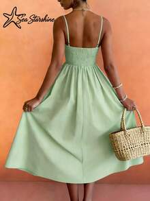 Vestido de tirantes finos de unicolor, adecuado para vacaciones en la playa, té de la tarde y viajes al aire libre, elegante para fiestas de primavera/verano - verde menta - Ver 8