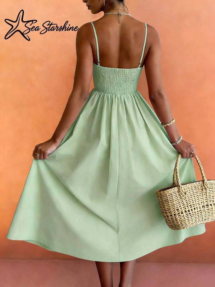 Solid Color Spaghetti Strap Dress, Suitable For Beach Vacation, Afternoon Tea And Outdoor Travel, Spring/Summer Party Elegant - Mint Green - View 7