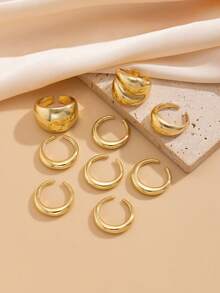 9pcs/Set Thick Waterproof Dome Rings Set For Teenagers, Low-Allergy Gold-Plated Stackable Rings, Fashionable Geometric Design Jewelry, Suitable For Daily Wear And Parties - 9pcs - View 7