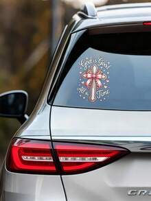 Pegatina de coche con cruz cristiana, calcomanía religiosa "Dios siempre es bueno", decoración de ventana con lazo de leopardo rosa - A - Ver 3