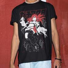Anime Girl Graphic T1EE Fire Streetwear Style Short-Sleeved T-Shirt, 100% Cotton (220 G), For Men And Women. Thick Fabric, Resistant To Wrinkles And Deformation. Simple And Versatile Style, Lightweight And Breathable, Perfect For Work, Travel, Camping, Shopping, And Leisure. - 黑色 - 查看 1