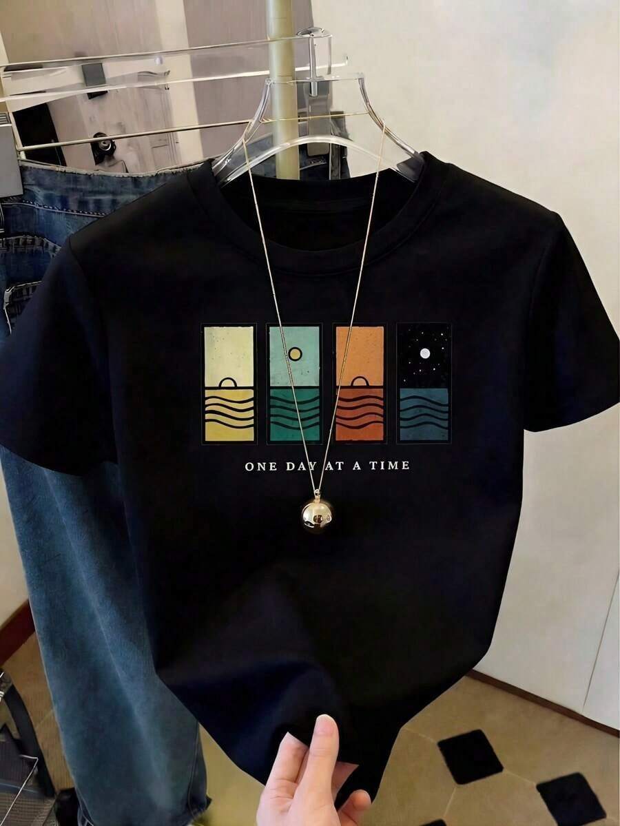 Soft 100% Cotton T-Shirt, Casual Short-Sleeved Crew Neck T-Shirt For Women, Regular Length With 'One Day At A Time' Print. Breathable Cotton T-Shirt, Goes With Everything, Great. - 黑色 - 查看 1