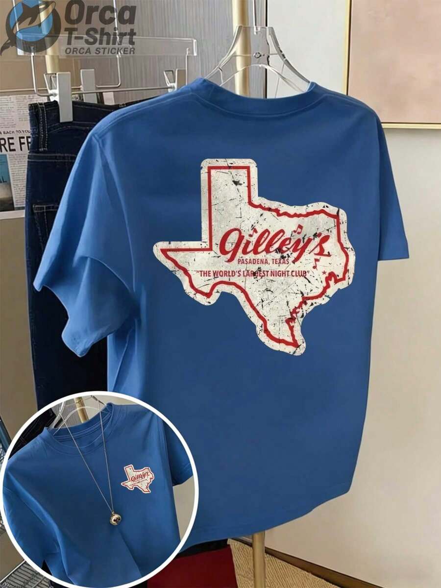 Vintage Casual Style Short-Sleeved T-Shirt, With A Print On The Front And Back, Featuring A Map Of Texas And The Word "Gilley's", Suitable For Everyday Summer Wear, Ideal As A Gift For Couples And Friends. - 藍色 - 查看 1