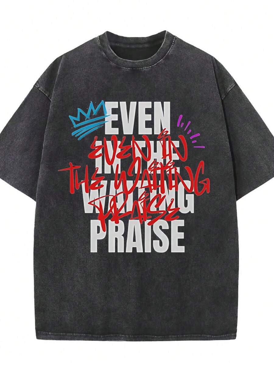 Washed Oversize T-Shirt | Black, With A Crown And The Print "Praise Even While You Wait", Vintage Style, Casual Loose Fit, Unisex, Suitable For All Seasons, Comfortable Fit T-Shirt, Eye-Catching Print T-Shirt, Comfortable Fabric. - 黑色 - 查看 1