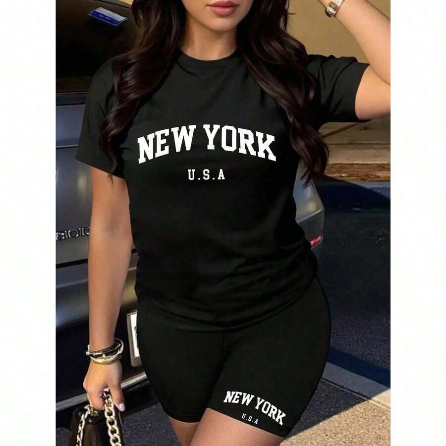 Camiseta de manga corta para mujer con estampado de letras, cuello redondo, ropa de verano para mujer, camiseta de verano - Negro - Ver 1