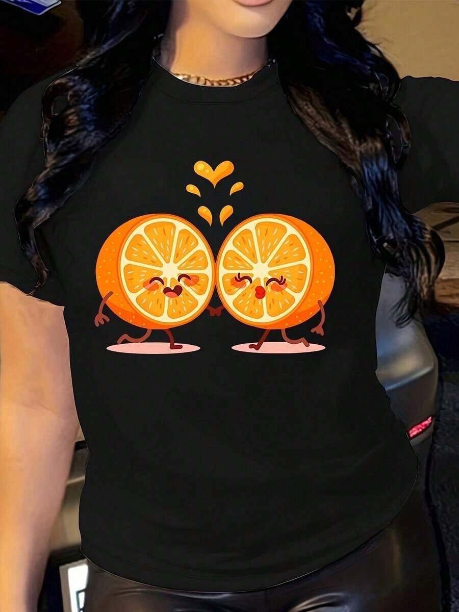 Vintage Women's Orange Slice Graphic T-Shirt - Soft Stretch Crew Neck Short Sleeve Top With Cute Smiling Fruit Print, For All Seasons Casual & Party Wear For Date Nights, Bachelorette Parties, Festivities, Carnivals - Sexy Curvy Fit Holiday Gift Idea Fashion Women's T-Shirts Are Cool And Comfortable. - 黑色 - 查看 1