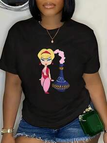 Women's Casual T-Shirt With Cartoon Print, Loose Fit, Short Sleeves, Round Neck, Colorful Character Design, Machine Washable, Comfortable All-Season Activewear, Opaque Fabric, Available At Local Community Stores, Soft Cotton, Comfortable, Discounted, Suitable For Easter, Halloween, Thanksgiving, Etc. Loose, Casual, And Versatile T-Shirt - 黑色 - 查看 1