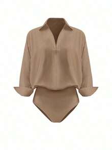 Body de manga larga y unicolor elegante para mujer - Marrón Mocha - Ver 4
