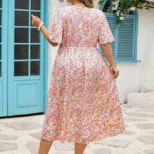 CURVE+ Plus Size Women's Floral Ruffle Short Sleeve Casual Vacation Dress, Summer Clothing - Rosa - Ver 3