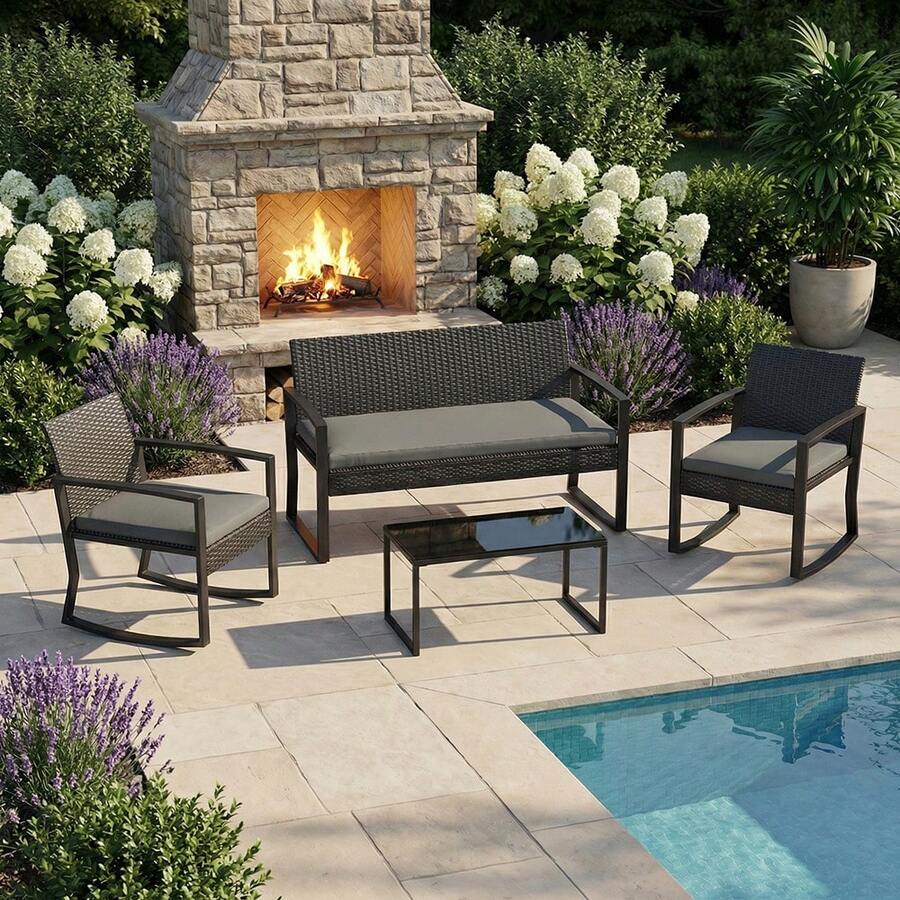 Conjunto de muebles de patio de 4 piezas, conjunto de conversación de exterior con mecedora de ratán PE y mesa de centro, conjunto de mesa y sillas de mimbre para patio, porche o jardín. - B - Ver 1