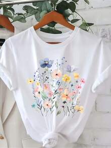 Playera gráfica casual juvenil Plus Size - Camiseta con estampado floral| Camiseta Casual de Manga Corta con Cuello Redondo, 95% 5% Elastano, Tela, Largo Regular, Para Todas las Temporadas - 200Gsm - Blanco - Ver 7