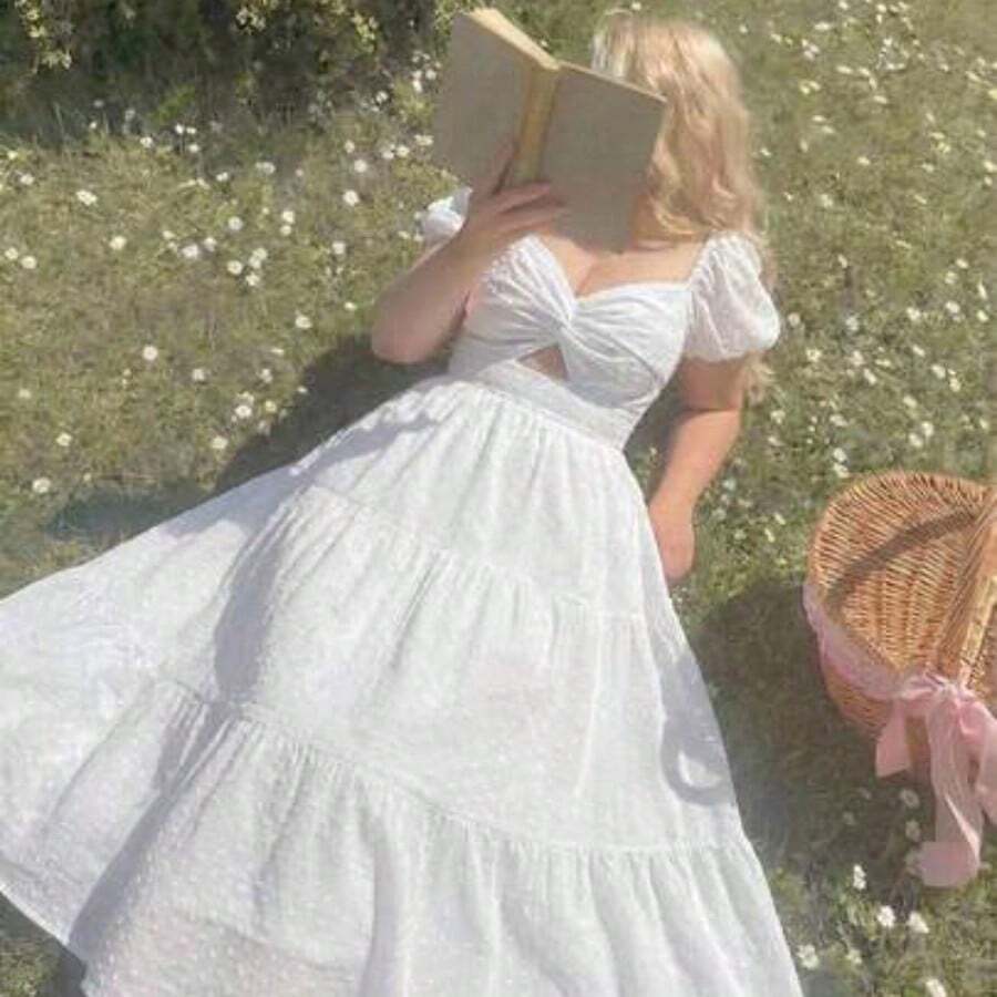 MOD Plus Size White Short Sleeve Princess Puff Sleeve Chiffon Twist Waist Maxi Dress,Wedding Guest Dress Women ,White Graduation Dress,Summer Outfits For Women ,Festival Outfits For Women, Beach Outfits For Woman,Birthday Dresses For Women, Valentine's Day - Blanco - Ver 1