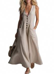 New Spring-Summer Dress For Women, Casual Style, Solid Color, Deep V-Neck, Patch Pockets, Flattering Design, Perfect For Daytime Looks, Walks And Informal Occasions - Apricot - View 3