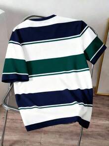 Camiseta casual minimalista de rayas azules para hombres, adecuada para la escuela, salidas, simple y versátil, estilo de verano - Verde militar - Ver 2