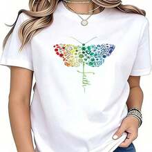 Camiseta Casual con Estampado de Mariposas, Flores y Arcoíris, Cuello Redondo y Manga Corta para Mujer, Top Gráfico de Moda - Blanco - Ver 6