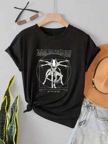 And  | Alien Vitruvian Man T-Shirt | 100% Pure Cotton | Soft And Comfortable | Perfect For Casual Wear And Gifting. | White Crew Neck T-Shirt | Made And Shipped In Mexico | Unisex Design | Men's T-Shirt | Women's Tops & Sweatshirts | Y2k T-Shirt Shirt - 黑色 - 查看 2