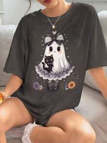 ofertas y liquidacionesPlayera Para Mujer,Camiseta Gráfica de Halloween, Estampado de Fantasma, Gato Negro - Regalo Divertidoplayera de hombretops sudaderas para mujer Y2k Camiseta Camisa De - Blanco - Ver 9