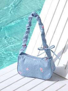 Trivaya 1 buah Tas Bahu Kecil Unik Musim Panas Baru, Modis, Serbaguna, Kasual, dengan Resleting Halus, Motif Bunga, Bahan Nilon Biru Muda, Cocok untuk Penggunaan Sehari-hari Wanita - Biru - View 1