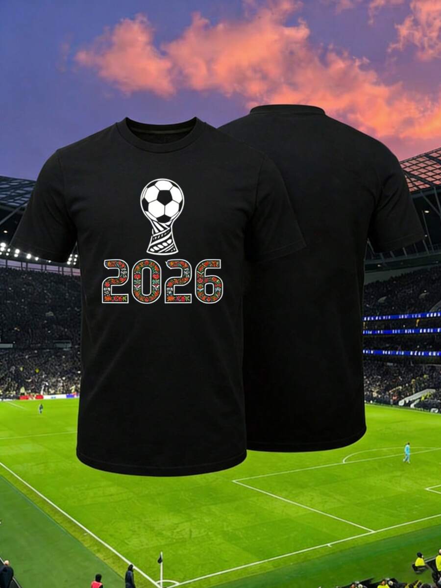 Hombres 002 | | Fútbol | Camiseta de fútbol con el eslogan "MÉXICO 2026" que muestra la bandera mexicana y un balón de fútbol, perfecta para los aficionados al fútbol mexicano. - Negro - Ver 1