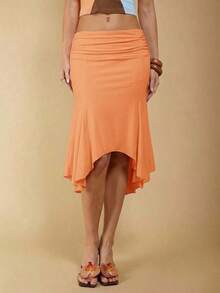 Falda Elegante Casual Asimétrica con Volantes para Mujer KGhn, Falda Negra de Primavera/Verano - Naranja - Ver 7