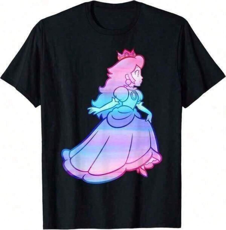 1 piezas Camiseta NINTENDOS SUPERS MARIOS con estampado degradado de Peach, para mamá e hija, camisetas lindas, camisetas para adolescentes, ropa linda, camiseta divertida, ropa de verano para adolescentes, ropa para niñas pequeñas, camiseta de verano, camisetas gráficas para adolescentes,,Daily Staple 130% Cotton Basic T-Shirt, Relaxed Short Sleeve Comfy Fit For Young Women Teen Girls, Suitable For Street Campus Leisure Holiday Trip Outdoor Activity Daily Dressing Matchtops elegantes playeras de niña tropicoqueta karol playeras de mujer tops de mujer tops de mujer ropa de niñas de 31 años ropa deportiva de mujer - Negro - Ver 1
