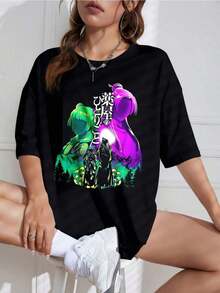 Camiseta Unisex con Estampado de Anime Retro, Cuello Redondo, Manga Corta, Diseño Casual, Ideal para Fans - Negro - Ver 9