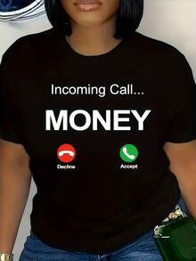 Women's Casual Polyester T-Shirt With 'Call. Money' Text, Round Neck And Short Sleeves. - 黑色 - 查看 6