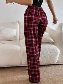 Pantalones de estar por casa rectos de cintura elástica con estampado de cuadros para mujer, para invierno - Burdeos - Ver 2