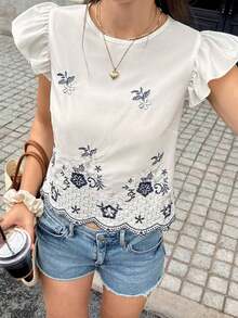 Blusa de verano casual de vacaciones con bordado floral y volantes en las mangas - Multicolor 2 - Ver 5