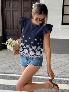 Blusa de verano casual de vacaciones con bordado floral y volantes en las mangas - Azul marino - Ver 3