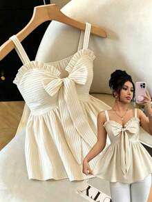 Top sin mangas casual para mujer, diseño de moda con tirantes de lazo, nudo de moño, a rayas azul y blanco, cintura ceñida, sexy y favorecedor, versátil para uso diario y citas, verano - Albaricoque - Ver 9