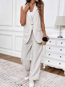 Traje de negocios informal para mujer con chaleco de unicolor y pantalón largo de verano - Albaricoque - Ver 5