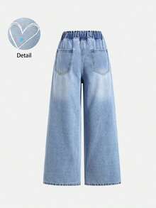 Sparklyn Jeans de pierna ancha con cordón para adolescentes, para todas las estaciones, estilo retro callejero, lavado azul medio con desgaste natural, cintura elástica con cordón para comodidad, silueta de pierna ancha que favorece las piernas, tela de mezclilla de algodón suave y elástica, versátil para uso diario, viajes, reuniones, festivales de música, opción principal de jeans de pierna ancha para primavera/verano - Lavado ligero 2 - Ver 2