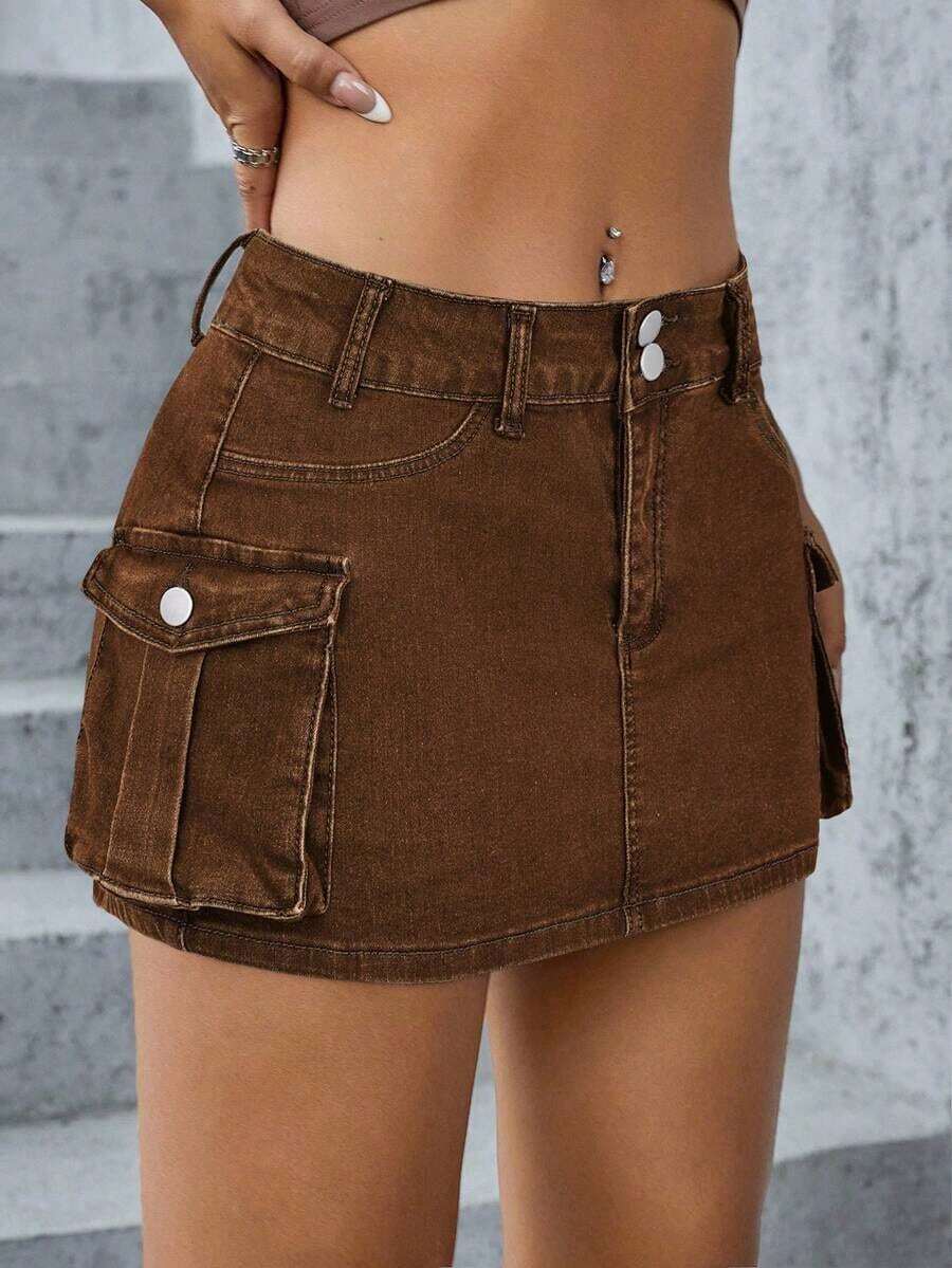 Minifalda de tela vaquera de tiro bajo, de moda para el verano - Óxido marrón - Ver 1