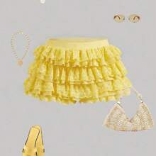 Qadelle Women's Yellow Plain Knitted Mini Shorts Tiered Layer Track Shorts Casual Style - Amarillo - Ver 2