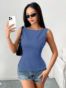Camisa sin mangas con lazo en la espalda de unicolor, elegante, casual, sexy y minimalista para uso en la oficina y negocios para mujeres, primavera/verano - Azul - Ver 4