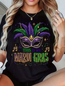 Cute Unisex Premium Casual T-Shirts: Women's "This Is My I Gras Mask" Party T-Shirt, Festive Costume Top For Carnival And Music Festival Celebration - Urban Vintage Style Cotton T-Shirt, Loose And Comfortable Fit, Unisex. - 黑色 - 查看 6