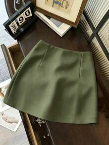 Falda casual versátil de cintura baja con abertura, falda gris, falda A-line de doble capa con bajo con abertura, falda casual de mujer, mini falda, falda corta ajustada de cintura alta con abertura, falda casual versátil para uso diario, r - Verde militar - Ver 2