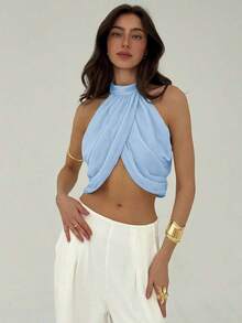 Blusa elegante y sexy para mujer con cuello cruzado, fruncido en la espalda y botones, de estilo casual y de vacaciones, de gasa - Celeste - Ver 4