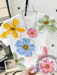 Camiseta de mujer de manga corta con cuello redondo, estampado floral y de uso versátil - Multicolor 7 - Ver 5