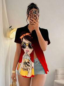 Blusa de mujer con estampado de chica de moda, manga corta y abotonadura, top de manga corta - Multicolor 3 - Ver 1