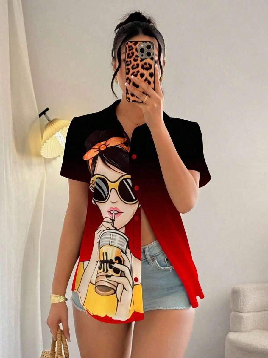 Blusa de mujer con estampado de chica de moda, manga corta y abotonadura, top de manga corta - Multicolor 3 - Ver 1