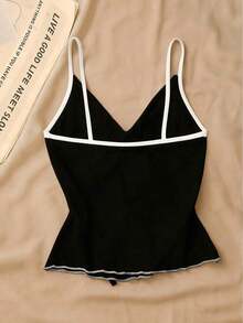 Top de tirantes con lazo y ribete de lechuga en contraste, elegante y ajustado, top para salir para mujeres, apto para el estilo del milenio - Negro - Ver 2